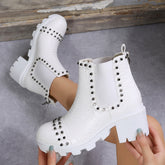 Rivet Decor Lug Sole Ankle Boots Slip on Block Heel Chelsea Booties Oshnow